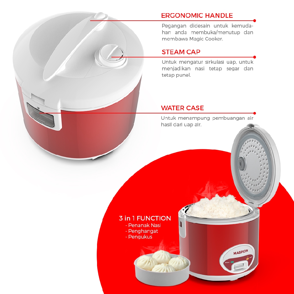 Maspion Rice Cooker 3 IN 1 Merah 1.8 L - MRJ1808MSN | MRJ1808 MSN